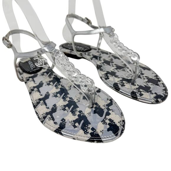 Chanel Clear Acrylic Chain CC Logo PVC Houndstooth Thong Flat Sandal size 39 - Picture 10 of 14